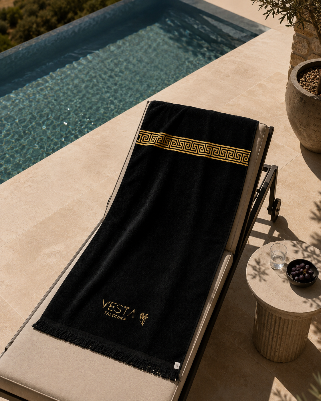 Campani Black Oversized Terry Towel – Gold Greek Key Pattern VESTA SALONIKA