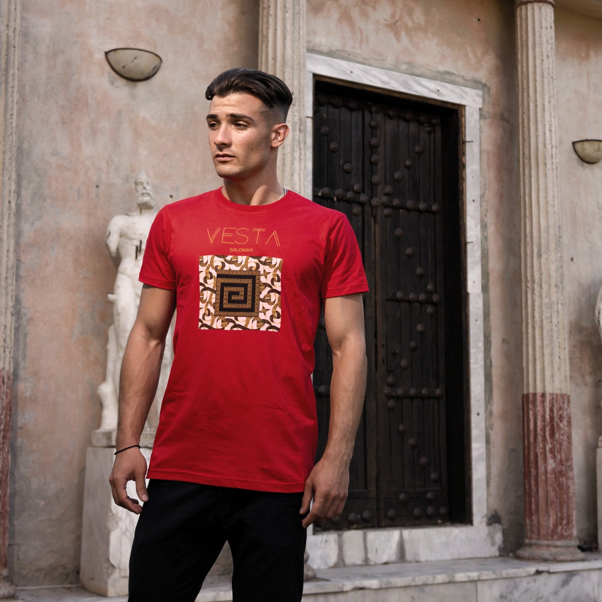 Campani Men´s White T-Shirt – Greek Key Design VESTA SALONIKA
