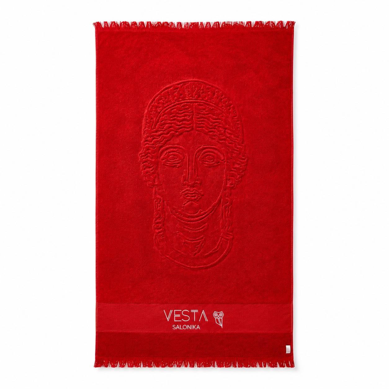 "FAZZIA OF HERA" 3D DESIGN OVERSIZE FROTTÉ HANDDUK I RÖD VESTA SALONIKA
